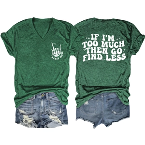 Detail of V-neck T-shirt back with slogan print and blue distressed denim shorts
