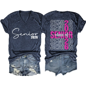 Detail of Class of Senior 2026 navy V-neck T-shirt and distressed denim shorts