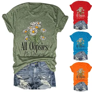 Women Daisy Print T-Shirt Casual Short Sleeve Round Neck Cotton Blend Graphic Tee Loose Summer Top