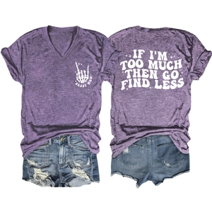 Detail view of purple heather V-neck t-shirt with slogan print and distressed denim shorts