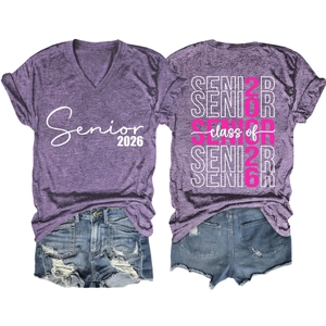 Front and back detail of Class of Senior 2026 V-neck purple tee with denim shorts