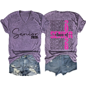 Front and back view of purple V-neck T-shirt with Senior 2026 class print details