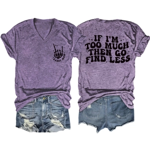 Detail view showing front and back of purple V-neck T-shirt with Sassy Mom slogan print