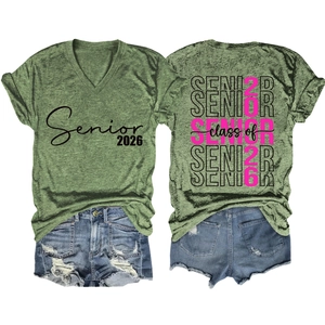 Detail of V-neck Senior 2026 olive green T-shirt and vintage denim shorts with back print