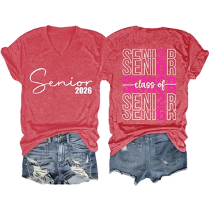 Flat lay detail showing front and back prints of the Senior 2026 V-neck T-shirt
