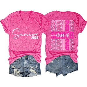 Detailed back view of pink V-neck T-shirt with Senior 2026 hollow-out lettering design