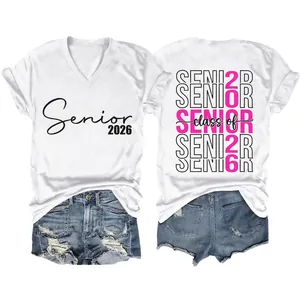 Women V-Neck T-Shirt Senior 2026 Graduation Short Sleeve Cotton Blend Casual Loose Graphic Top