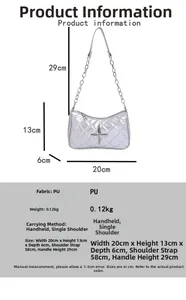 Detailed size specifications of silver quilted shoulder bag with star charm and chain strap