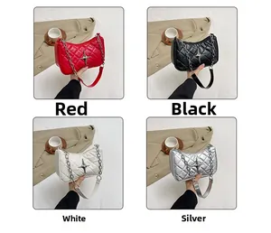 Quilted crossbody bag collection in red, black, white, and silver with chain straps