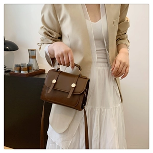 Detail of dark brown leather handbag featuring golden metal hardware and vintage buckle straps
