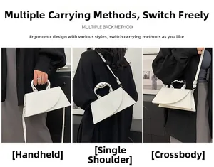 Vues détaillées d'un sac à main blanc asymétrique avec une poignée métallique argentée