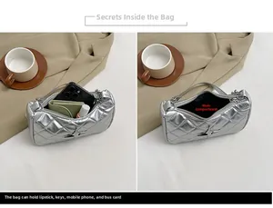 Detail view showing internal capacity of the silver rhombic chain bag for essentials