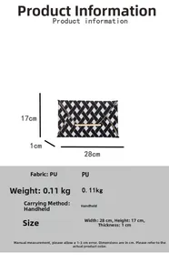 Detailed size specifications for the slim plaid envelope clutch bag in black and white