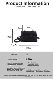 Tableau des tailles du sac en cuir PU noir montrant les dimensions 22x14x7cm et détails
