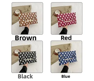 Collage of envelope evening clutch bags in brown, red, black, and blue with gold trim