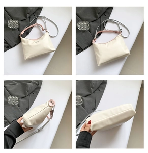 Detailed views showing front, side and base of the cream PU leather fashion handbag