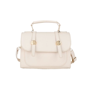 Minimalist cream white crossbody bag with gold round metal buckles and top handle