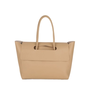 Minimalist camel leather tote bag with unique handle slot design for women's daily commute