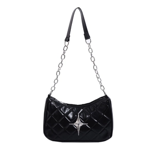 Chic black quilted chain underarm bag with glossy finish and star metal detail
