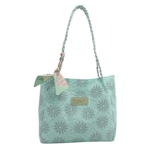 Mint green floral embroidered tote bag with woven straps and decorative silk scarf