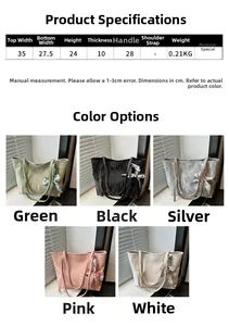 Size chart and five color options for pleated tote bag with silk scarf decoration