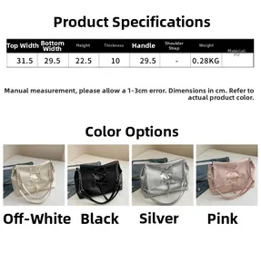 Size chart for pearlescent PU tote bag with dimensions and technical specifications