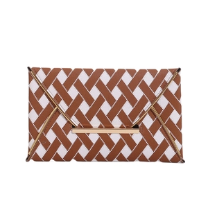 Chic brown and white woven envelope clutch bag with golden metal trim and buckle detail