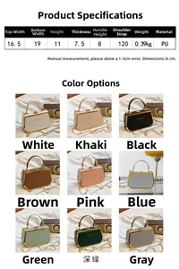 Detailed view of the structured PU leather bag with dimensions and gold-tone hardware