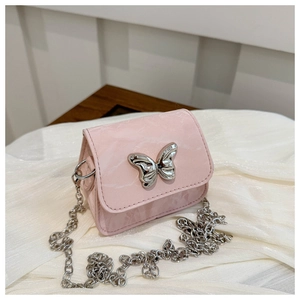 Detail of pink marble pattern mini bag with silver butterfly clasp and metal chain strap