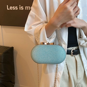 Women Glitter Sequin PU Oval Evening Bag Clutch Handbag With Bow Knot Lock And Metal Handle Chain Strap