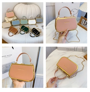 Detail of multi-color mini box bags with gold metal frames and detachable chain straps