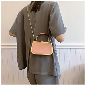 Close-up of light pink mini handbag with gold metal frame and fashion chain strap