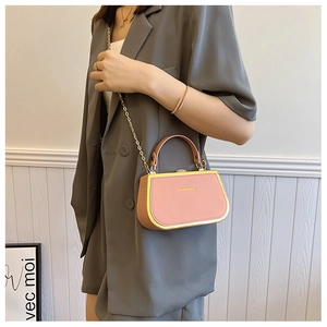 Close-up of pink mini box bag with gold metal frame and fashion logo on model