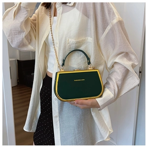 Close-up of dark green box bag with gold metal trim and fine chain strap detail