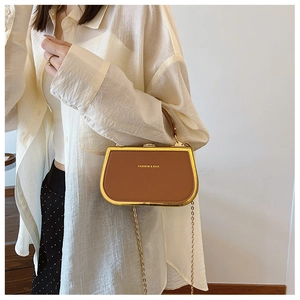 Detail of a brown vintage chain bag with metal frame clasp and embossed logo lettering