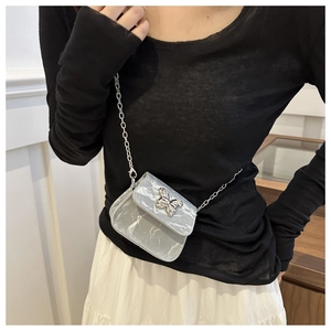 Detailed view of silver mini crossbody bag featuring a metal butterfly and chain strap