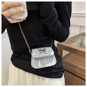Macro detail of mini silver chain bag featuring a metallic butterfly clasp and marble texture