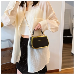 Close-up of black retro frame bag with gold metal hardware and chain strap on a model