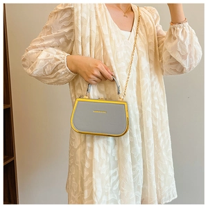 Detail of grey chain crossbody bag with gold frame and fashion text on white dress