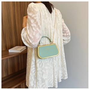 Mint green hard shell handbag with gold metal frame and chain strap shown on model