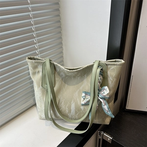 Women Large Capacity Wrinkle Texture PU Leather Tote Bag With Satin Scarf Decor Casual Urban Minimalist Shoulder Bag Handbag