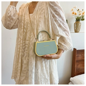 Detail of mint green box bag with gold metal frame and fashion engraving