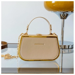 Close-up of beige chain box bag featuring gold metal frame and fashion engraving