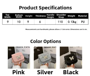 Guide des tailles pour mini sac bandoulière avec dimensions, poids et détails de chaîne