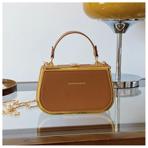 Detail of vintage brown box bag featuring gold metal frame and fashion bag typography