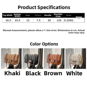 Detailed size chart and four-color display of the small quilted PU chain crossbody bag
