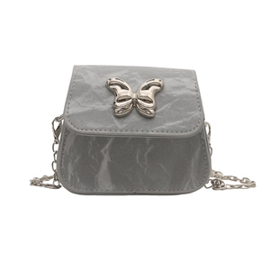 Mini silver chain crossbody bag with pleated texture and metallic butterfly clasp
