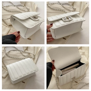 Detailed views of white quilted chain bag featuring a sparkling rhinestone buckle and interior