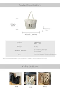 Detailed size specifications for a canvas tote bag with front pockets and dimensions