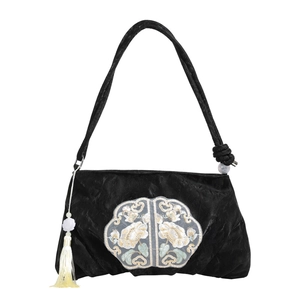 Neue chinesische Schultertasche aus schwarzem Samt mit Blumenstickerei und langen Quasten